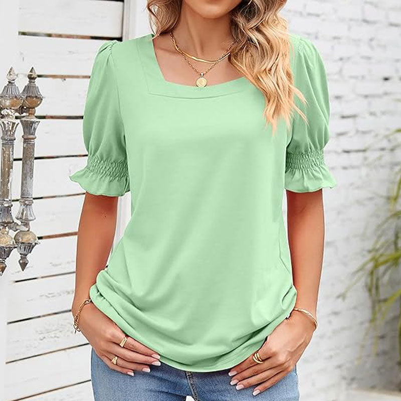 ⏳Limited time sale🌸Kvinnors T-shirt med fyrkantig hals och smockad ärm Casual Topi