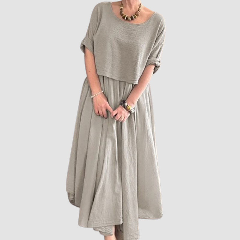 💐✨Bekvämt och elegant tvådelat set med blus med rund hals och kjol i bomull och linne för kvinnor