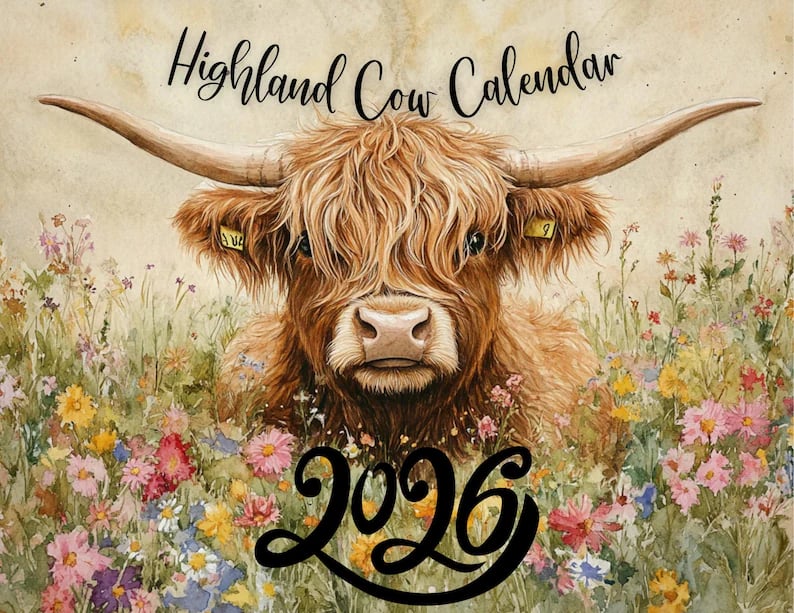 🐮Highland Cow Kalender 2026 – Rustik lantlig väggkonst & månadsplanerare