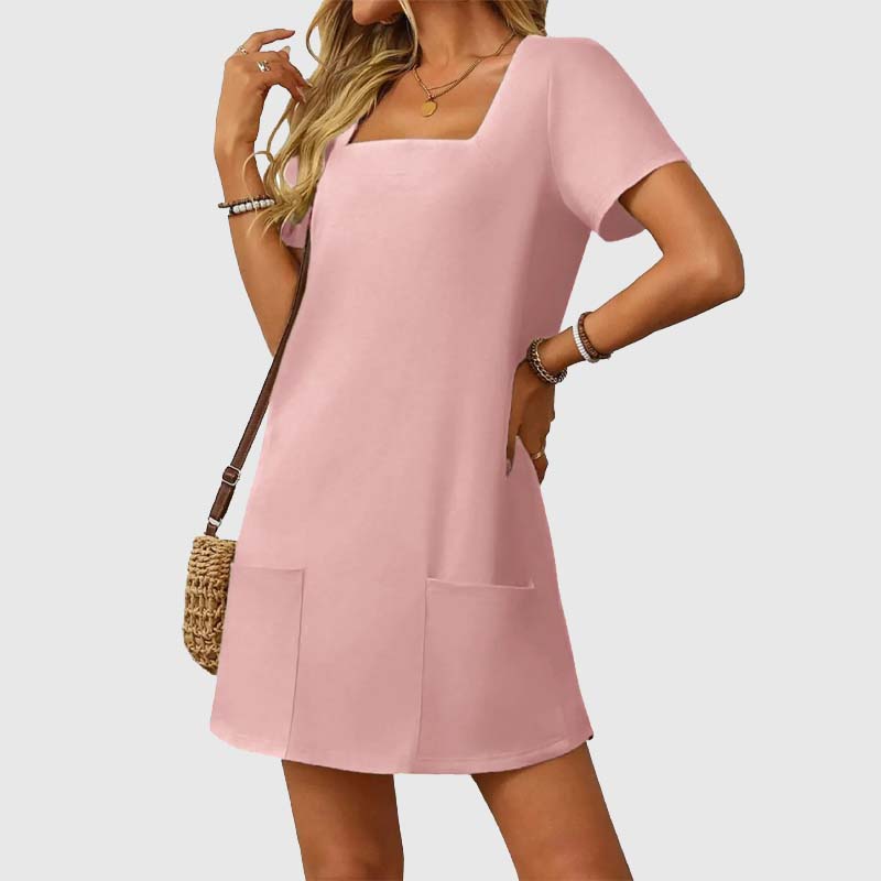 🎁⏳Kvinnor Casual Square Neck Pocket Kortärmad klänning med fickor