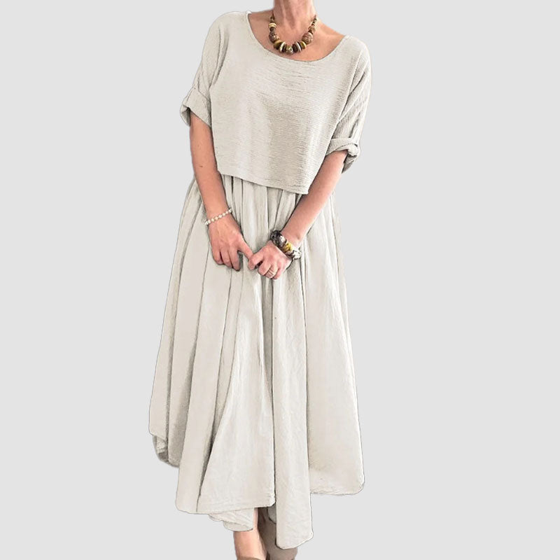 💐✨Bekvämt och elegant tvådelat set med blus med rund hals och kjol i bomull och linne för kvinnor