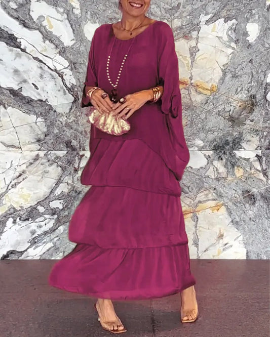 Künstlerisches Lockeres Kleid/Chiffon mesh dolmanärmad långklänning med rund hals