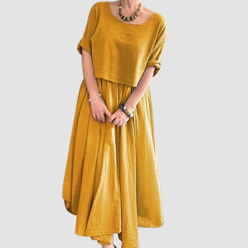 💐✨Bekvämt och elegant tvådelat set med blus med rund hals och kjol i bomull och linne för kvinnor