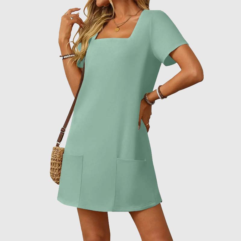 🎁⏳Kvinnor Casual Square Neck Pocket Kortärmad klänning med fickor