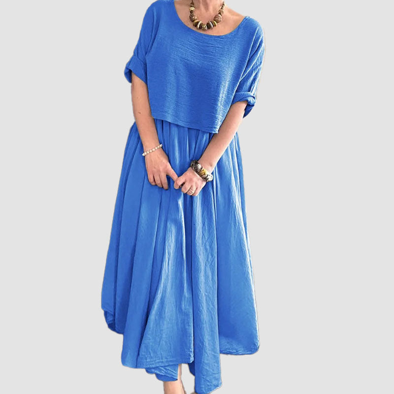 💐✨Bekvämt och elegant tvådelat set med blus med rund hals och kjol i bomull och linne för kvinnor