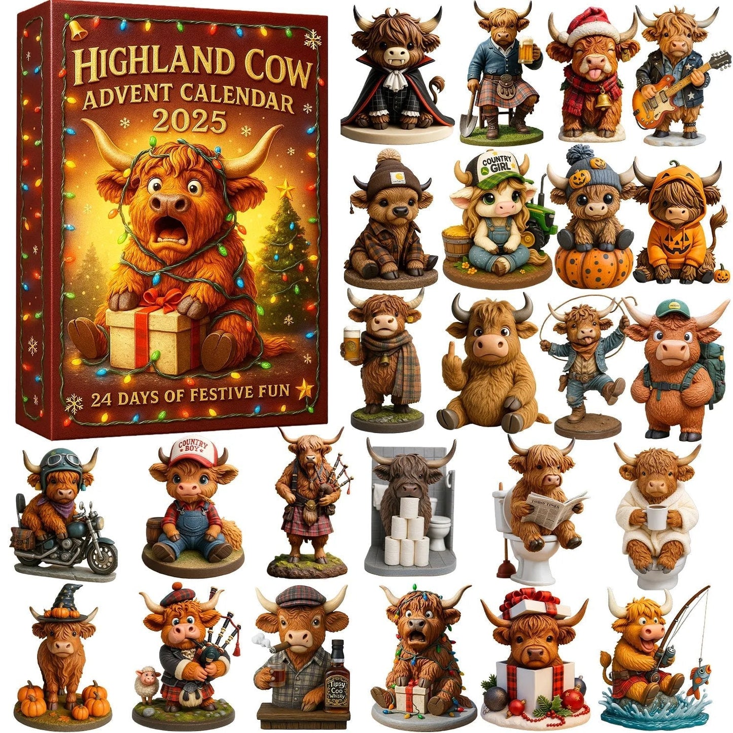 🐮Highland Cow Adventskalender 2025🎄 - 3D Handgemaakte Highland Koe Pop (24 stuks)