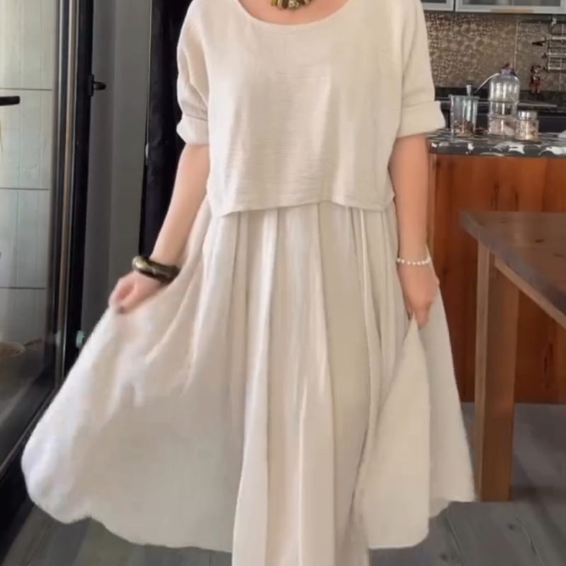 💐✨Bekvämt och elegant tvådelat set med blus med rund hals och kjol i bomull och linne för kvinnor