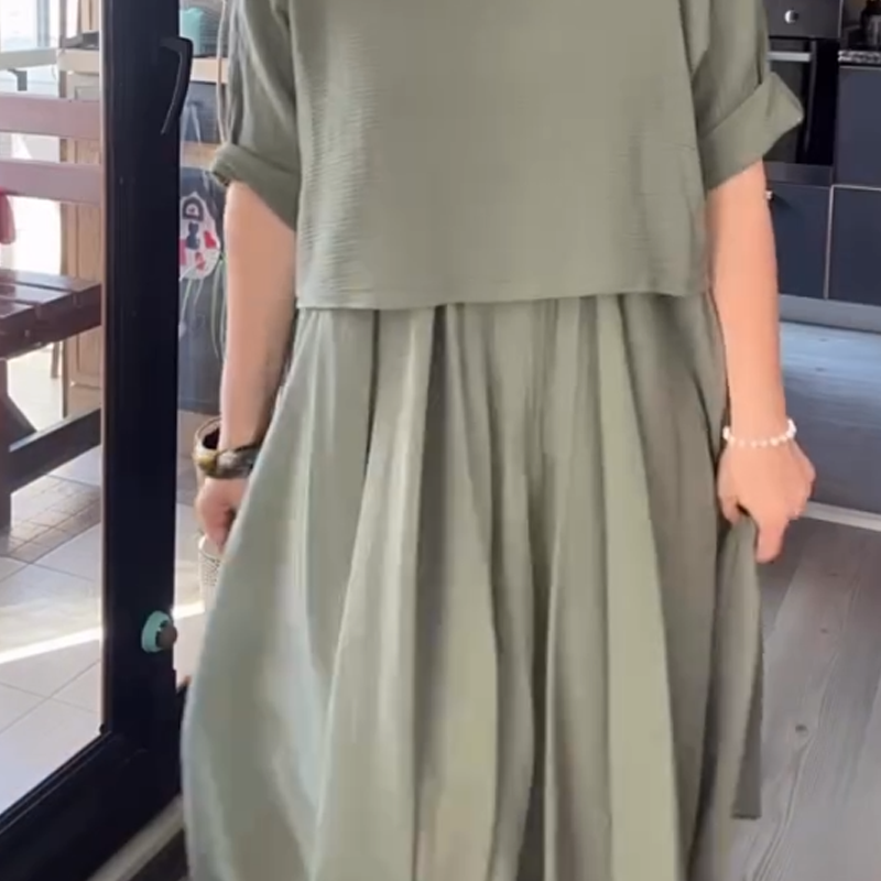 💐✨Bekvämt och elegant tvådelat set med blus med rund hals och kjol i bomull och linne för kvinnor